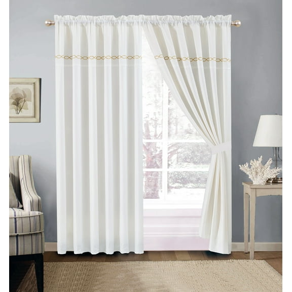 4-Pc Hoku Modern Hexagonal Embroidery Curtain Set Solid Off-White Gold Valance Sheer Liner Drape