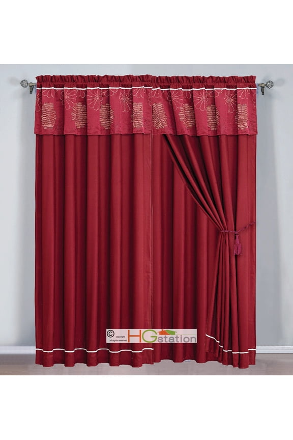 4-Pc Jacquard Striped Daisy Floral Curtain Set Burgundy Red Beige Valance Liner Drape
