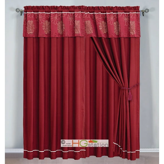 4-Pc Jacquard Striped Daisy Floral Curtain Set Burgundy Red Beige Valance Liner Drape