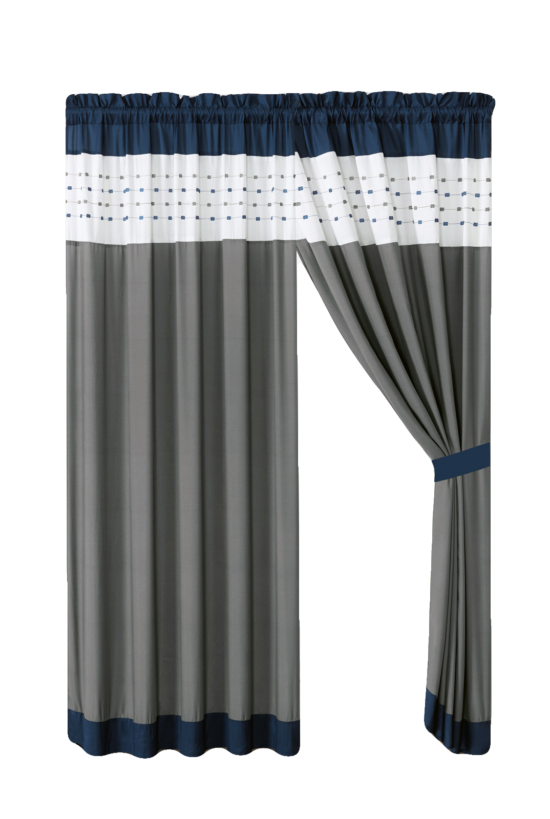4Pc Jasper Embroidery Square Stripe Curtain Set Navy White Gray