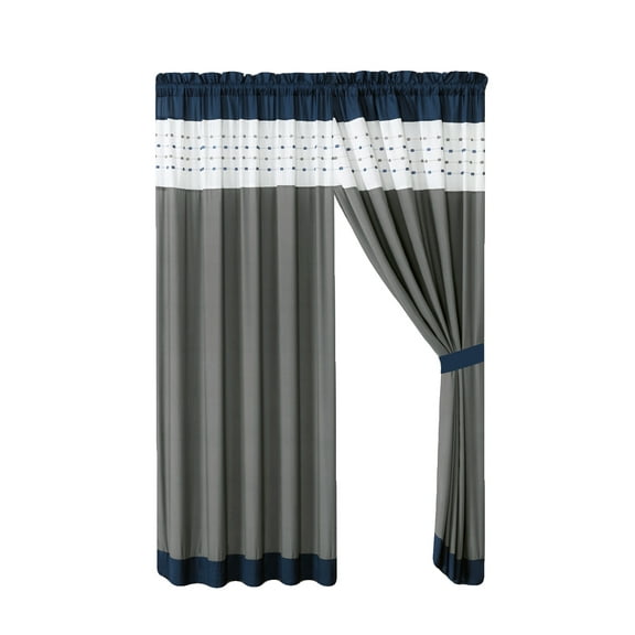4-Pc Jasper Embroidery Square Stripe Curtain Set Navy White Gray Valance Drape Sheer Liner
