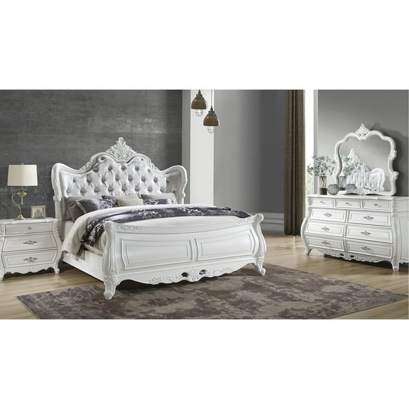 4 Pc King Bedroom Arrangement In Pearl White - Headboard, Large Dresser, Graceful Decorative Mirror, Handy Nightstand Furnishings Roomy Exquisite