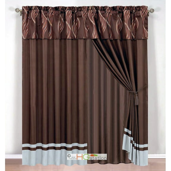 4-Pc Leaf Ribbon Swirl Scribble Jacquard Curtain Set Brown Gray Rust Valance Liner Drape Tieback