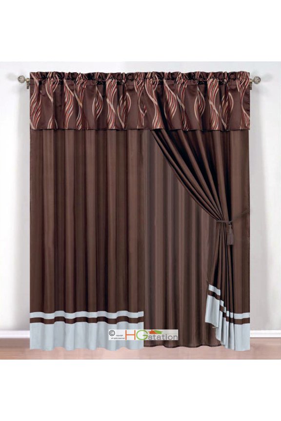 4-Pc Leaf Ribbon Swirl Scribble Jacquard Curtain Set Brown Gray Rust Valance Liner Drape Tieback