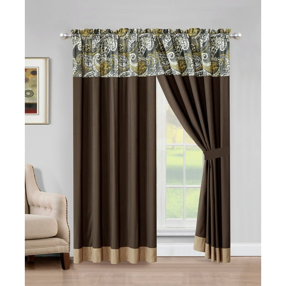 4-Pc Leone Paisley Stripe Curtain Set Coffee Tan Gray Taupe Drape Valance Sheer Liner
