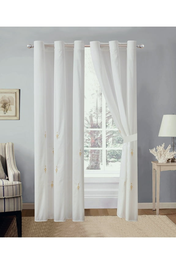 4-Pc Lozenge Diamond Arrow Ornament Embroidery Curtain Set Gold Off-White Sheer Liner Drape