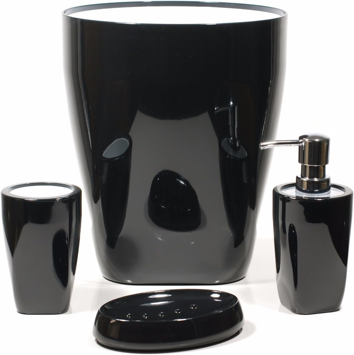 4 Pc Modern White/Black Plastic Bathroom Accessory Set - Dispenser ...