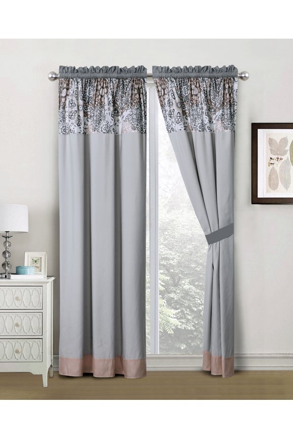 4-Pc Nora Royal Floral Medallion Stripe Curtain Set Silver Gray Rose Pink Drape Sheer Liner