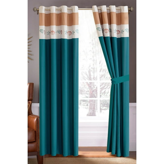 4-Pc Oceana Scallop Snail Shell Seastar Embroidery Curtain Set Teal-Blue Tan Gray Sheer Liner Drape