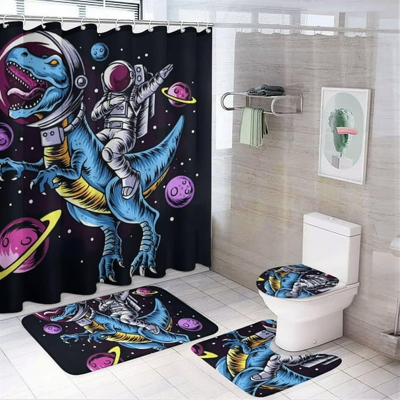 4 Pc Over The Mountains Motorcycle Motocross Art Shower Curtain set Bath Mats Set, Water Repellent Spa Curtain Absorbent Plush Carpet Mats