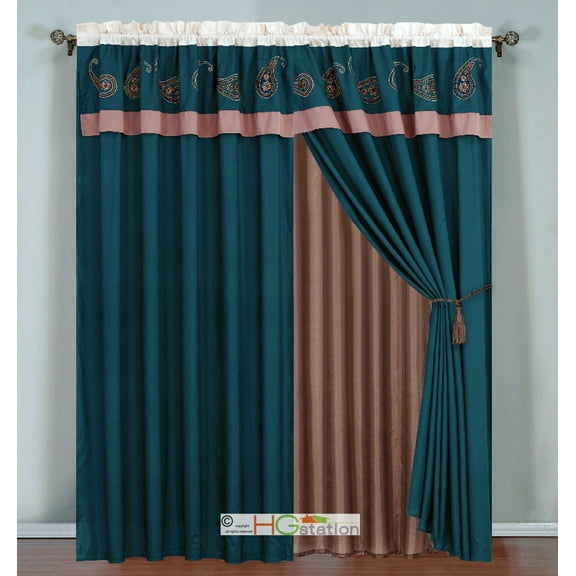 4-Pc Paisley Floral Embroidery Striped Curtain Set Blue Khaki Beige Valance Drape Sheer Liner Tieback