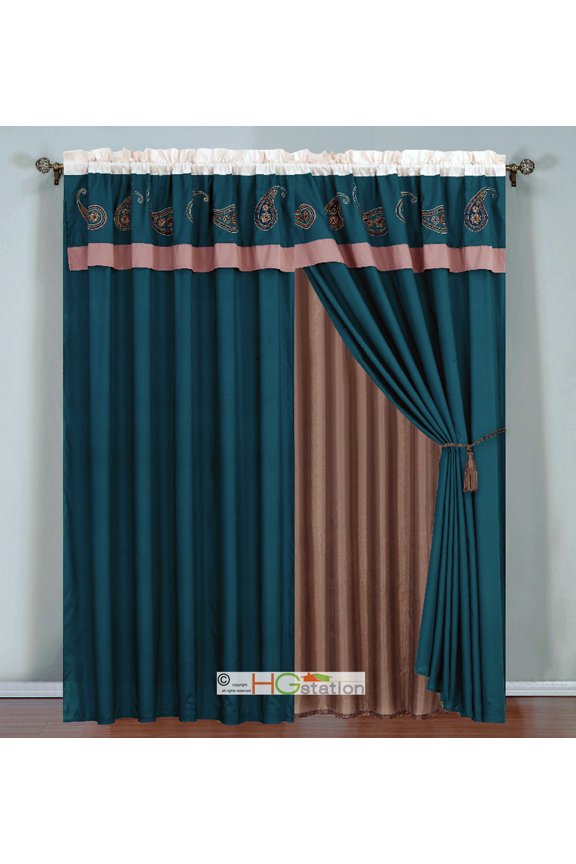 4-Pc Paisley Floral Embroidery Striped Curtain Set Blue Khaki Beige Valance Drape Sheer Liner Tieback