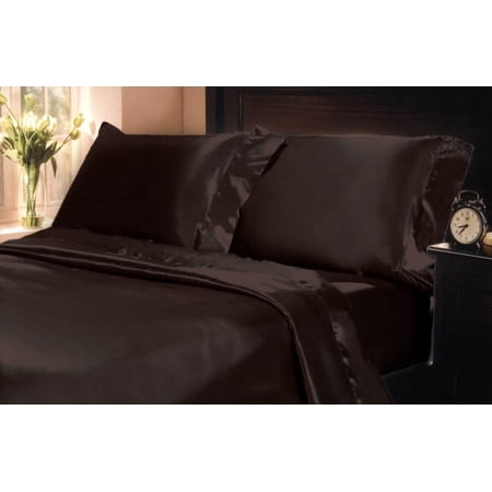 4-Pc Poly Satin Bed Sheet Pillowcase Set 15 inch Deep Pocket Lingerie Silk-like Charmeuse King Brown Coffee Chocolate