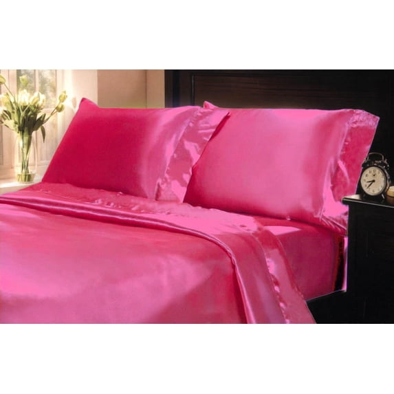 4-Pc Poly Satin Bed Sheet Pillowcase Set 15 inch Deep Pocket Lingerie Silk-like Charmeuse Queen Hot Pink Fuchsia