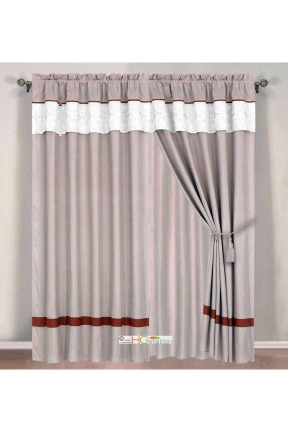 4-Pc Quilted Autumn Sun Floral Striped Curtain Set White Khaki Rust Valance Drape