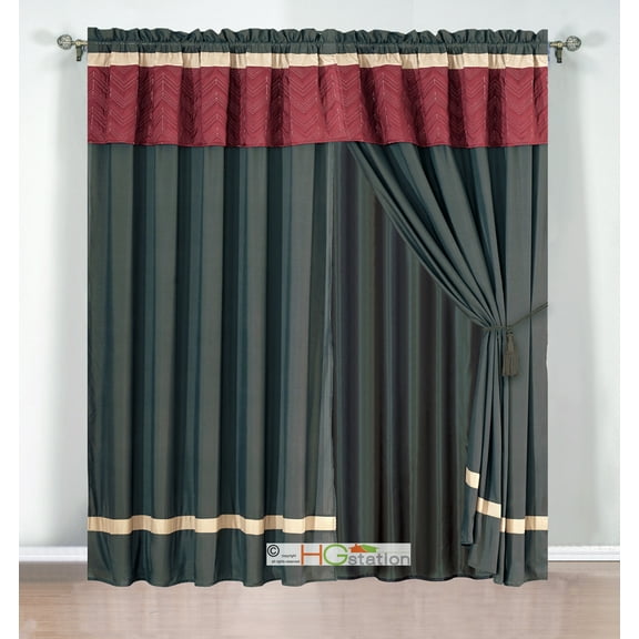 4-Pc Quilted Chevron Zigzag Striped Curtain Set Burgundy Brown Coffee Valance Liner Drape Tieback