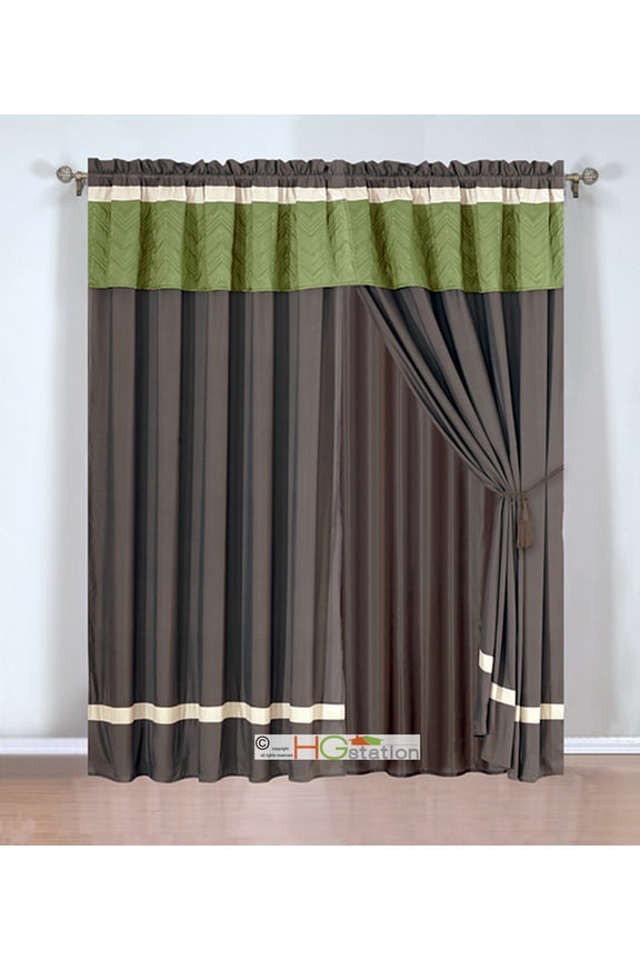 4-Pc Quilted Chevron Zigzag Striped Curtain Set Sage Brown Beige Valance Liner Drape Tieback
