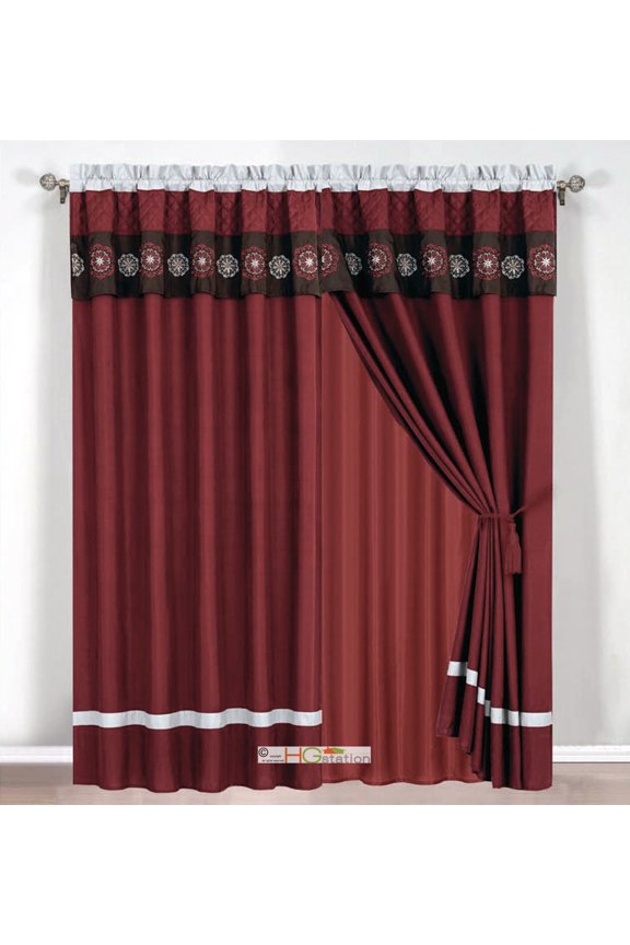 4-Pc Quilted Floral Damask Embroidery Curtain Set Burgundy Brown Silver Valance Drape