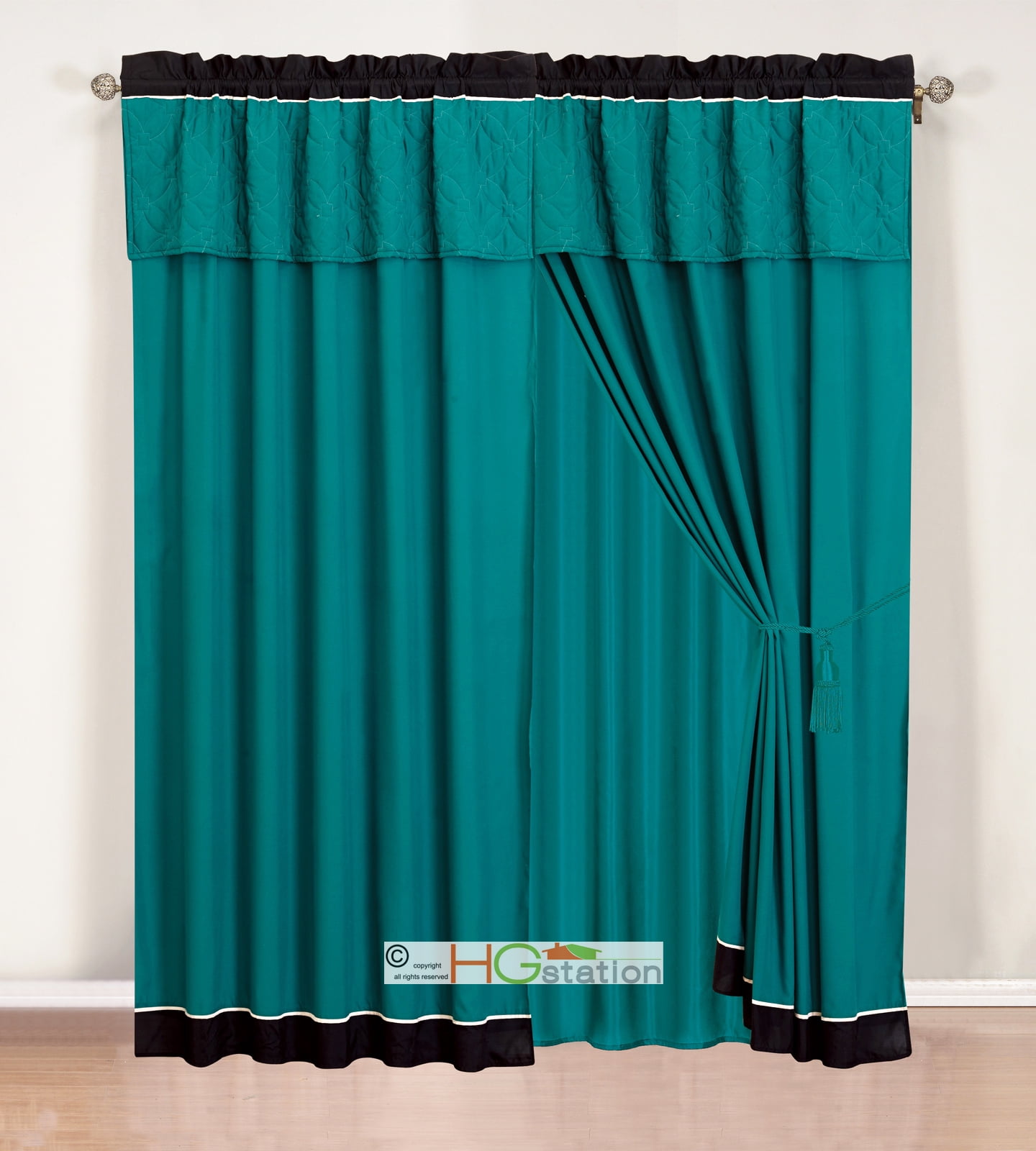 4Pc Quilted Geometric Medallion Striped Curtain Set Teal BlueGreen