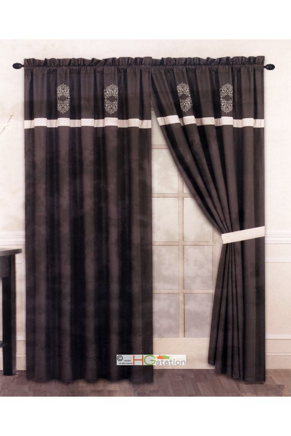 4-Pc Royal Damask Medallion Embroidery Striped Curtain Set Lining Drape Tieback