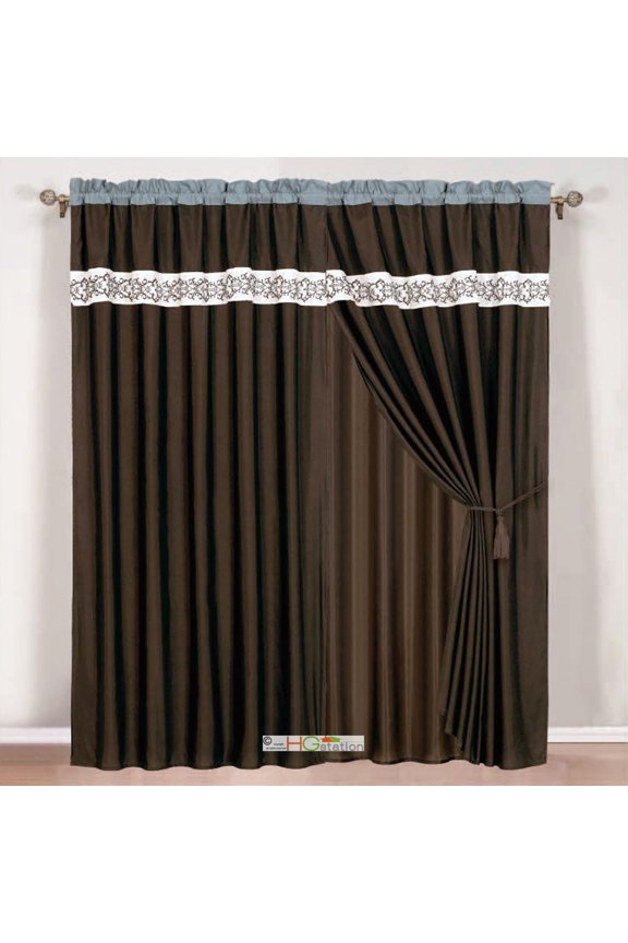 4-Pc Scroll Floral Embroidery Curtain Set Brown Beige Teal Blue Drape Valance