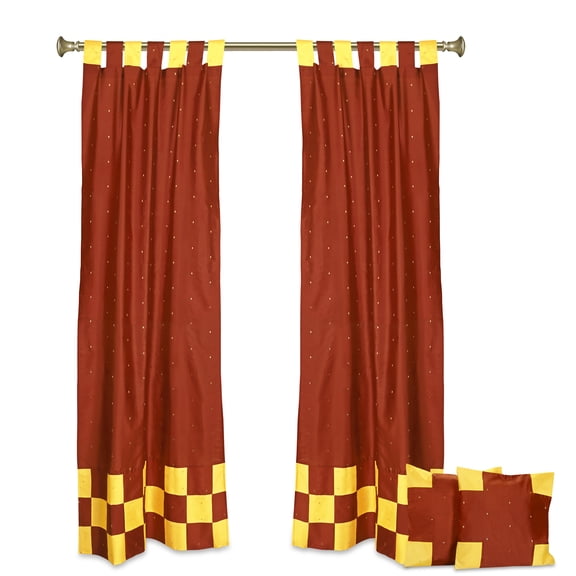 4 Pc Set Indian Sari Curtains & Cushion Covers - Boho Tab Top  - Rust 84"