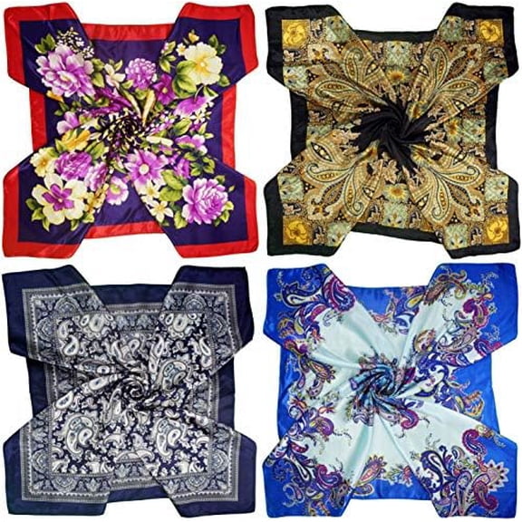 4 Pc Set Large 35 x 35 inches Satin Square Scarves Neck Hair Head Scarf Bundle