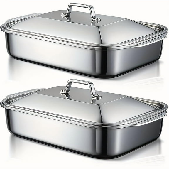 4-Pc Stainless Steel Roasting Pan Set - 6L Deep Trays with Lids, Dishwasher Safe for Chicken/Fish/Lasagna - Fathers Day Gift for Grill Masters