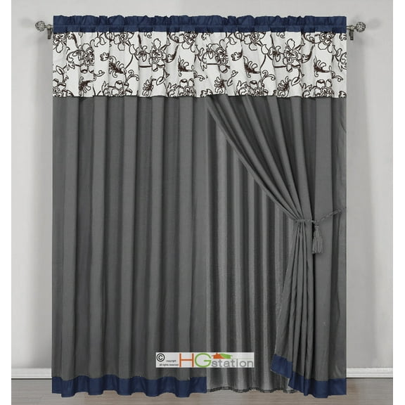 4-Pc Striped Felt Oasis Floral Garden Curtain Set Blue Gray Brown Off-White Valance Drape Liner
