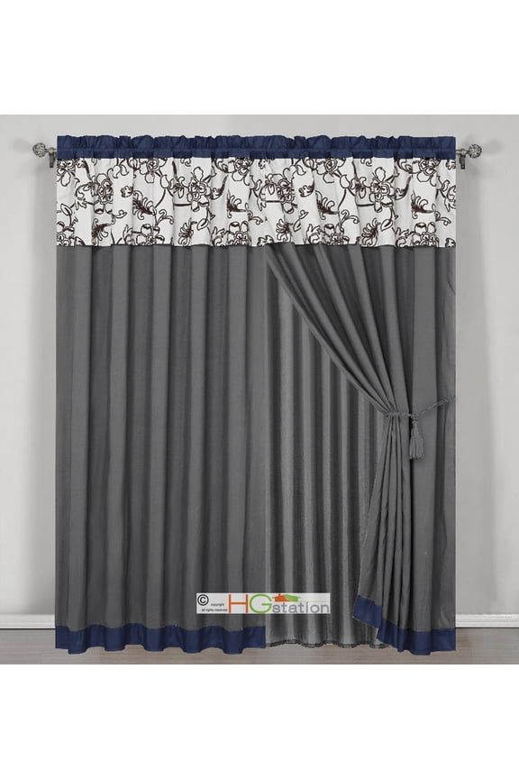 4-Pc Striped Felt Oasis Floral Garden Curtain Set Blue Gray Brown Off-White Valance Drape Liner