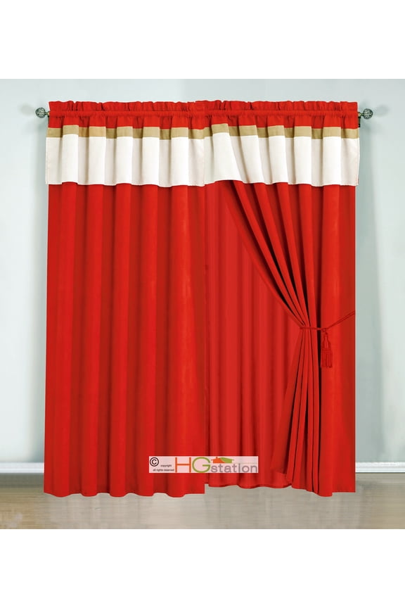 4-Pc Striped Solid Micro Faux Suede Curtain Set Red-Orange Beige Gold Valance Drape Sheer Liner