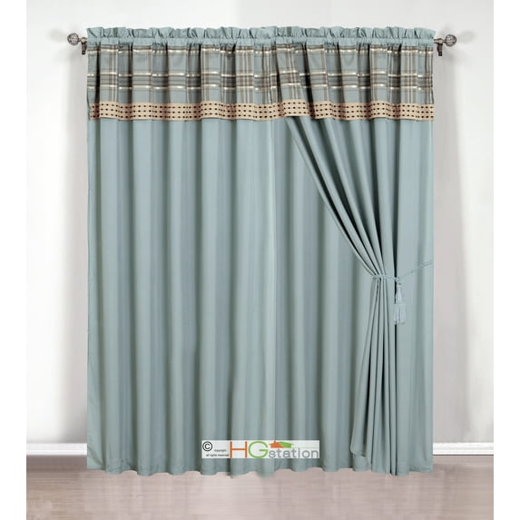 4-Pc Summer Plaid Striped Embroidery Curtain Set Valance Drape Sheer Liner Light Blue Silver Gray Khaki