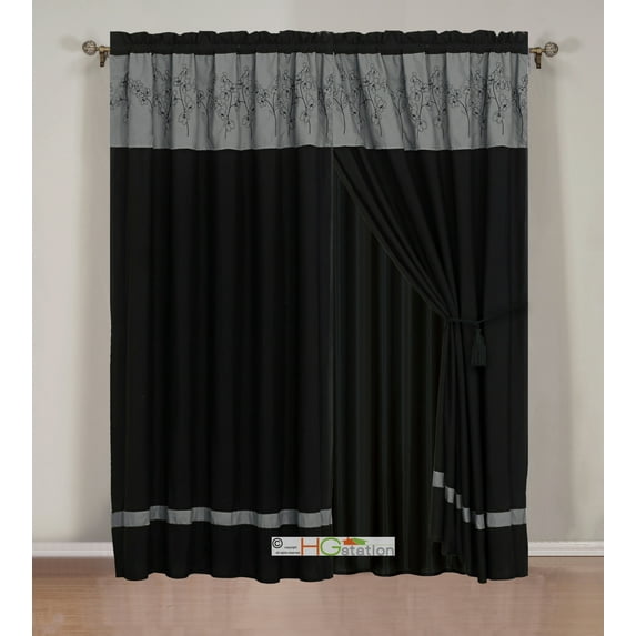 4-Pc Twig Flower Floral Bloom Curtain Set Dark Gray Black Valance Drape Liner