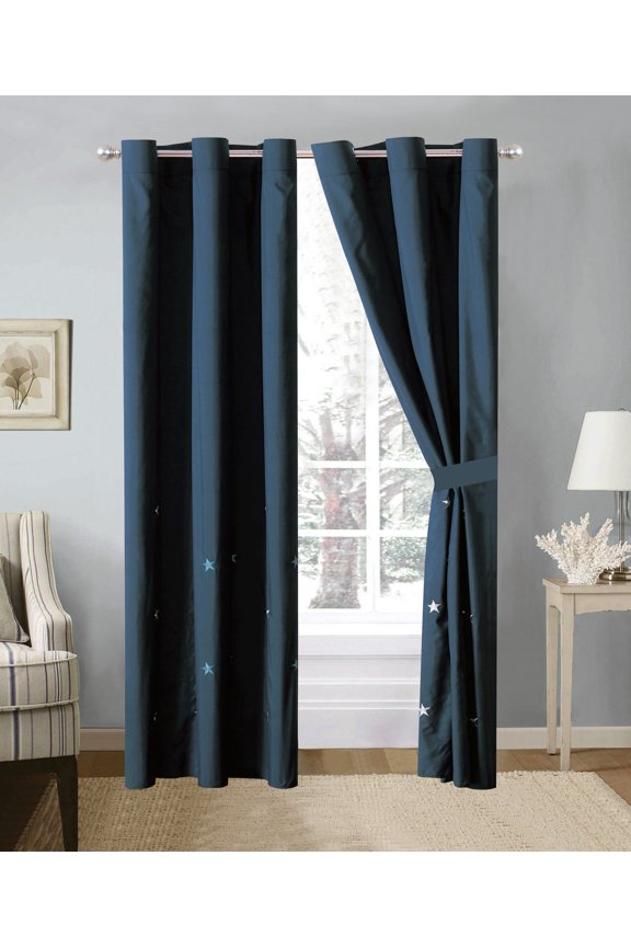 4-Pc Western Star Embroidery Curtain Set Blue Navy Metal Grommet Sheer Liner Drape