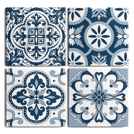 4 Pcak Decoration Wall Art,Blue Abstracct Floral Mexican Flowers Wall Prints,Prints for Wall Decor with Wood Frame,Colorful Wall Print for Room Decor Wall Decor Office Decor (16x16inch)