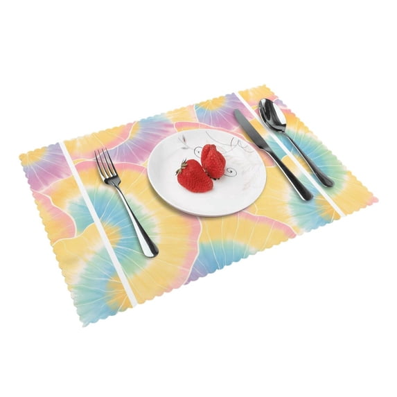 4 Pce Oil Proof And Heat Insulation Tray Mat 12x18in Western Dining Table Tablecloth Mat For Family Banquet Picnic Yellow Tie-Dye Background Rainbow Colors_3