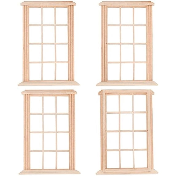 4 Pcs 1:12 Scale Dollhouse Window Dollhouse Furniture Miniature Mini DIY Wooden Window Dollhouse Decorations for Dollhouse Wall Decorations DIY Scene Doll Home Furniture Craft