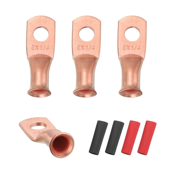 4 Pcs 1/4" Stud 6AWG Battery Cable End with 4pcs 3:1 Heat Shrink, Gold