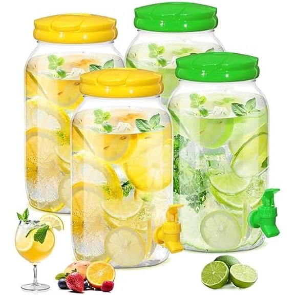 4 Pcs 1 Gallon Plastic Drink Dispenser for Parties Clear Plastic Beverage Dispenser Water jar with Spigot and Carrying Lid for Weddings Lemonade Juice Water Tea Beer, Yellow and Green