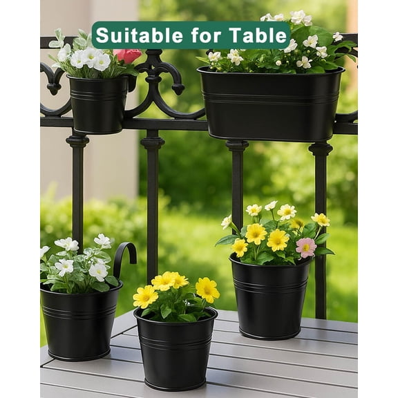 4 Pcs 10.8" Metal Railing Planter for Outdoor Plants - Black Hanging Flower Pots with Detachable Hooks, Drainage Holes, Oval Bucket Rail Box Fence Planters for Home Garden Décor