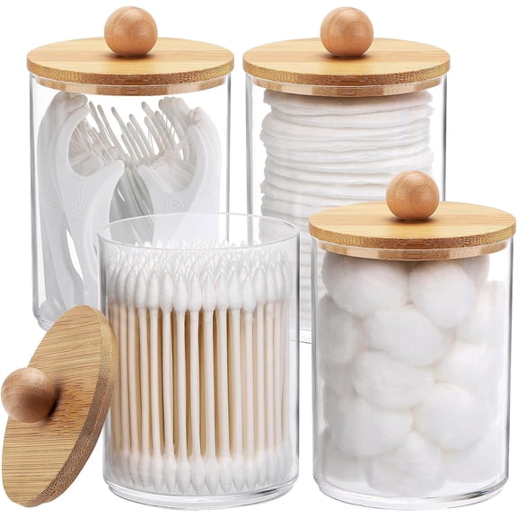 4 Pcs 10 Ounce Clear Plastic Apothecary Jars Bamboo Lids Bathroom Organizer Storage Containers Daily Home Tidy