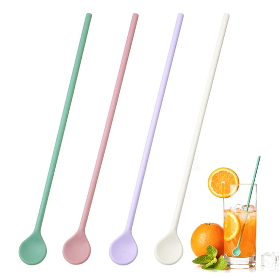 4 Pcs 10 inch Silicone Stirrer Spoons -Swizzle Stirrer Stick Multipurpose Multicolor Reusable Stirring Sticks for Cof Whiskey Beverage Formula Mixing Milk- Pastel Yellow, Purple, Pink, Green