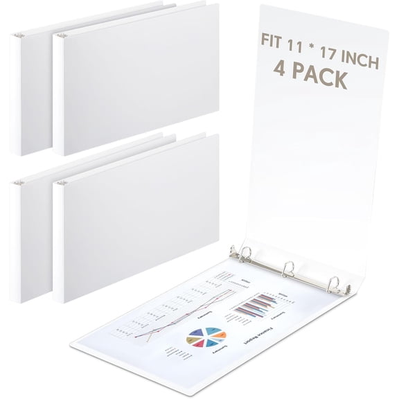 4 Pcs 11 x 17 Inch 3 Ring Binders 1.5 Rings Heavy Duty View Plastic Flexible D Economy Holds 11" 17" Paper for Artwork Blueprints, Office, Home, Work Places(White)