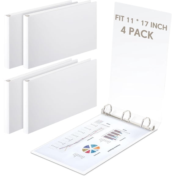 4 Pcs 11 x 17 Inch 3 Ring Binders Rings Heavy Duty View Plastic Flexible D Economy Holds 11" 17" Paper for Artwork Blueprints, Office, Home, Work Places(White)