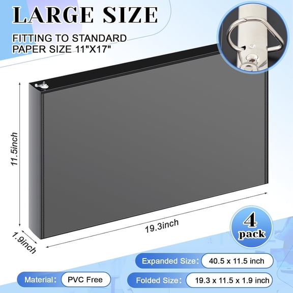 4 Pcs 11 x 17 Inch View Binders with Cover Pocket 1.5 Inch 3 Rings Heavy Duty View D Ring Binders Economy Holds 11" x 17" Paper for Artwork Blueprints, Office, Home, Work Places (Black)