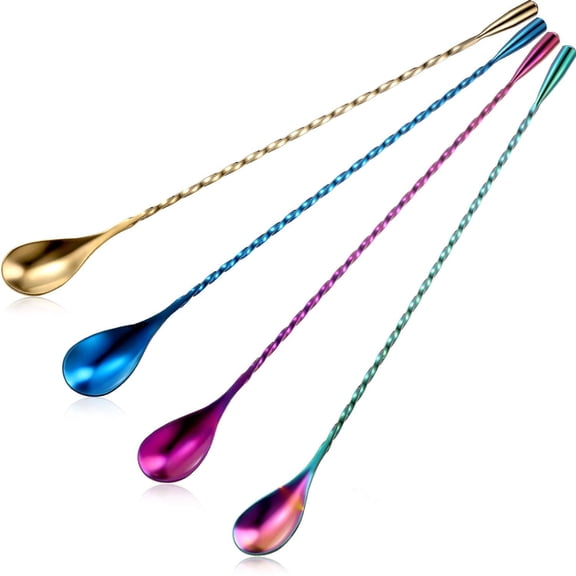 4 Pcs 12 Inch Cocktail Spoon s Bar Stirring Spoon Long Handle Stainless Steel Cocktail and Coffee Mixing Tool for Homemade Barista/bartender (Multicolor,Blue,Purple,Champagne)