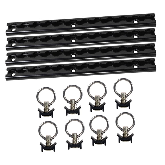 4 Pcs of 12 inch Black L Track Rail & 8 Pcs of Single Stud Fitting Hooks with Round Ring for Trailers & Pickup Trucks - Heavy Duty L Track Tie Down System for Motorcycles, ATVs & UTVs