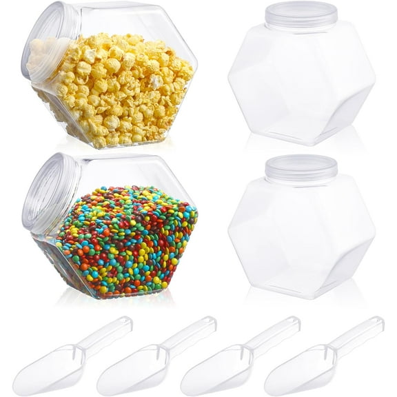 4 Pcs 122 oz Plastic Candy Jar with Lids and Scoops Hexagon Cookie Jars Clear Reusable Containers for Kitchen Counter Candy Bar for Cookies, Pets Treats, Laundry Pod, Craft Supplies Display Storage