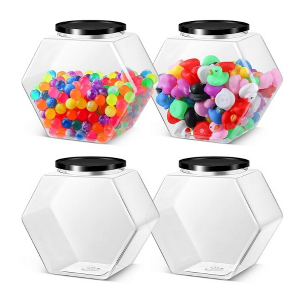 4 Pcs 129 oz Plastic Candy Jars with Lids Hexagon Cookie Jars for Kitchen Counter Candy Bar Containers Acrylic Clear Containers for Buffet Storage Display Dog Treat Laundry Pod Buffet Craft