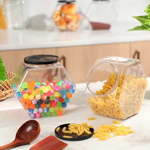 4 Pcs 129 oz Plastic Candy Jars with Lids Hexagon Cookie Jars for Kitchen Counter Candy Bar Containers Acrylic Clear Containers for Buffet Storage Display Dog Treat Laundry Pod Buffet Craft